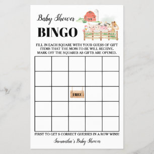 Farm Animals Baby Shower Bingo Game Card Flyer