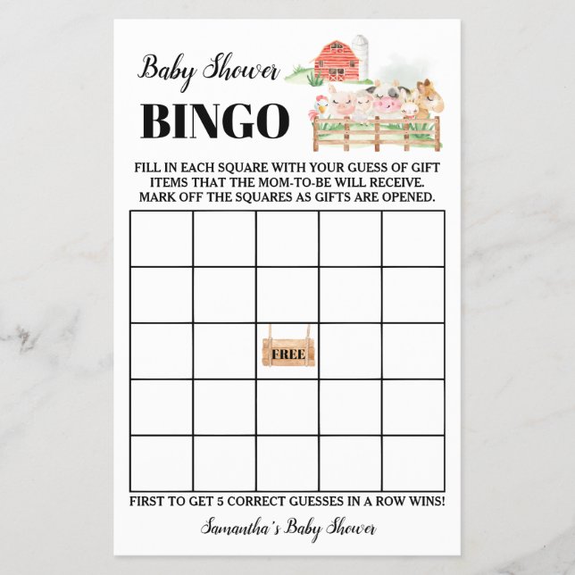 Farm Animals Baby Shower Bingo Game Card Flyer (Front)