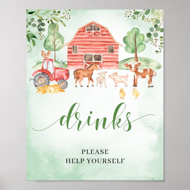Farm animals baby shower drinks decoration sign (Front)