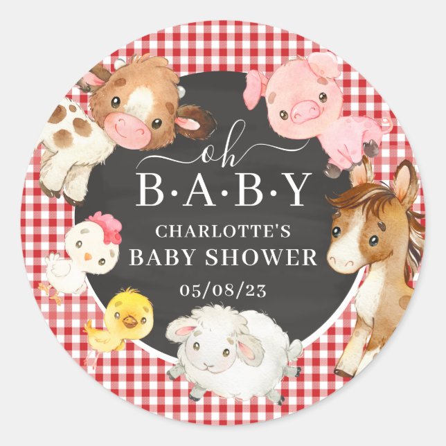 Farm Animals Baby Shower Favor Classic Round Stick Sticker (Front)