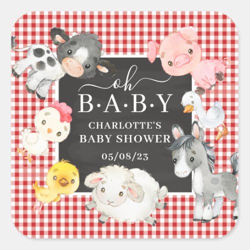 Farm Animals Baby Shower Favor Square Sticker