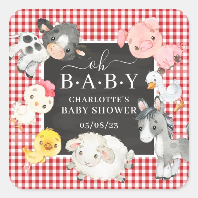 Farm Animals Baby Shower Favor Square Sticker (Front)
