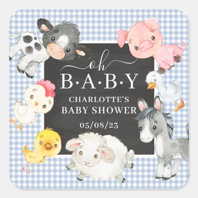 Farm Animals Baby Shower Favor Square Sticker (Front)