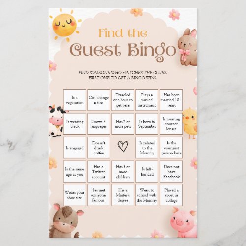 Farm Animals Baby Shower Game Find The Guest BINGO