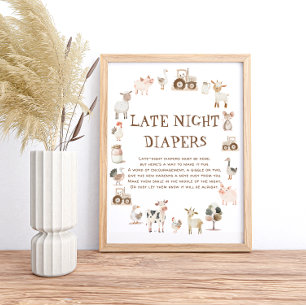 Farm Animals Baby Shower Game Late Night Diapers Poster