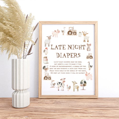 Farm Animals Baby Shower Game Late Night Diapers Poster