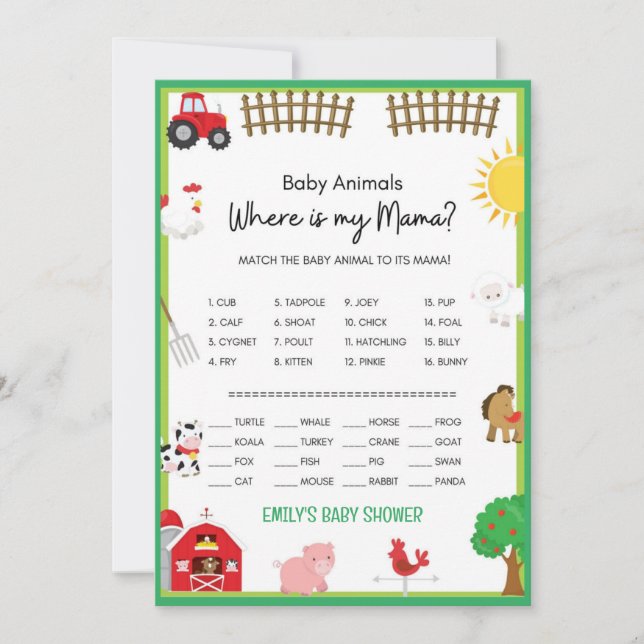 Farm Animals Baby Shower Game Size Invitation (Front)
