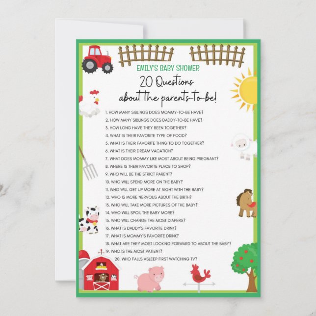 Farm Animals Baby Shower Game Size Invitation (Front)