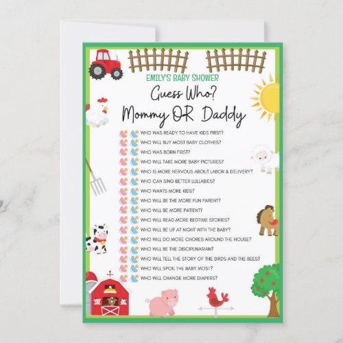 Farm Animals Baby Shower Game Size Invitation