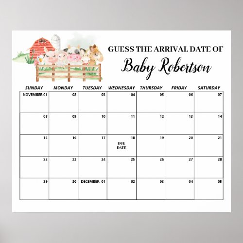 Farm Animals Baby Shower Guess Due Date Calendar Poster