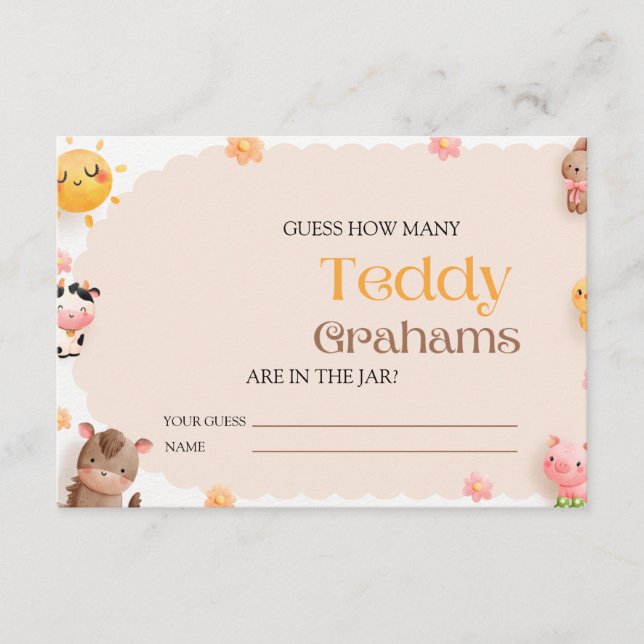 Farm Animals Baby Shower Guess How Many Grahams Enclosure Card (Front)