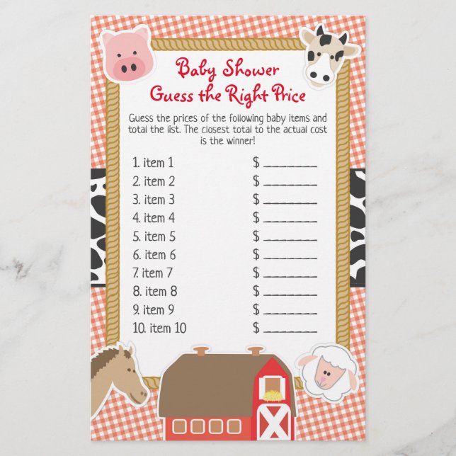 Farm Animals Baby Shower Guess Right Price Game (Front)