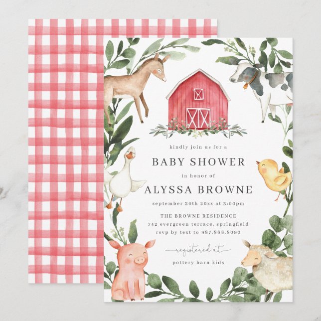 Farm Animals Baby Shower Invitation | Barnyard (Front/Back)