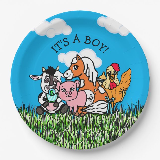 Farm Animals Baby Shower Its a Boy Paper Plates (Front)