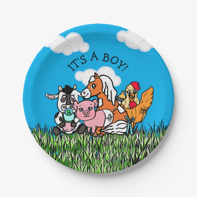 Farm Animals Baby Shower Its a Boy Paper Plates (Front)