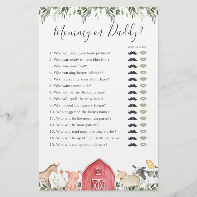 Farm Animals Baby Shower Mommy or Daddy Game (Front)