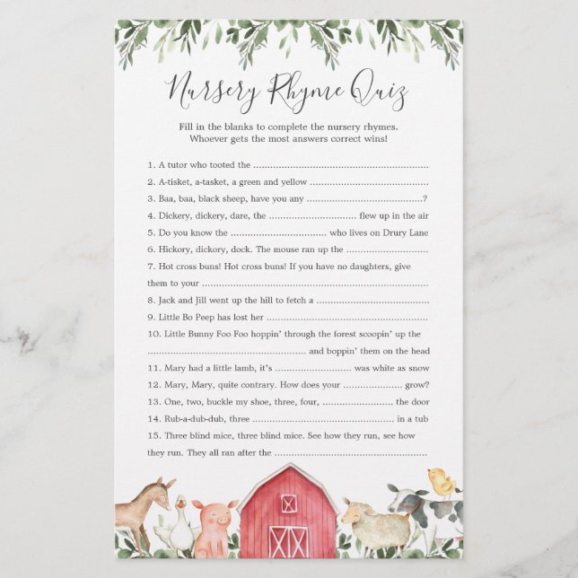 Farm Animals Baby Shower Nursery Rhyme Quiz Game (Front)