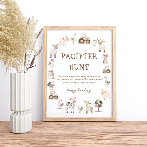 Farm Animals Baby Shower Pacifier Hunt Game Poster