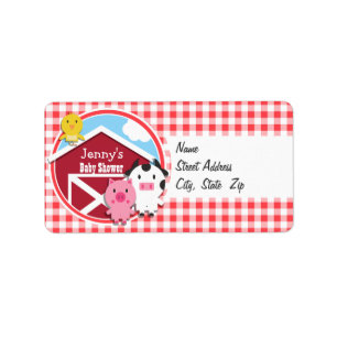 Farm Animals Baby Shower; Red & White Gingham Label