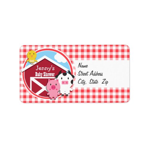 Farm Animals Baby Shower Red  White Gingham Label