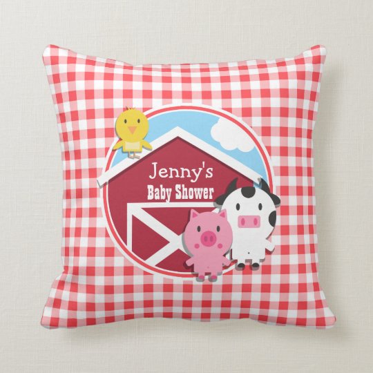 Farm Animals Baby Shower Red White Gingham Throw Pillow