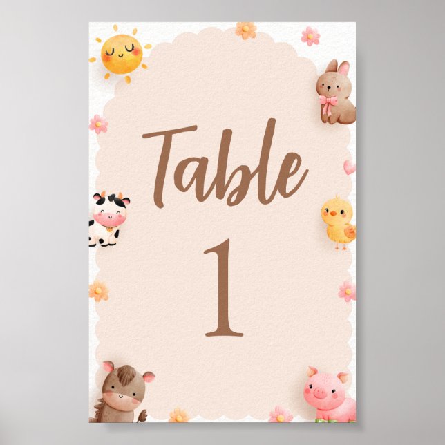 Farm Animals Baby Shower Table Number Poster (Front)