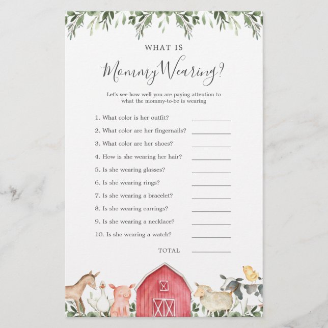 Farm Animals Baby Shower What is Mommy Wearing (Front)