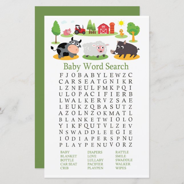 Farm animals Baby Shower Word Search Game (Front/Back)