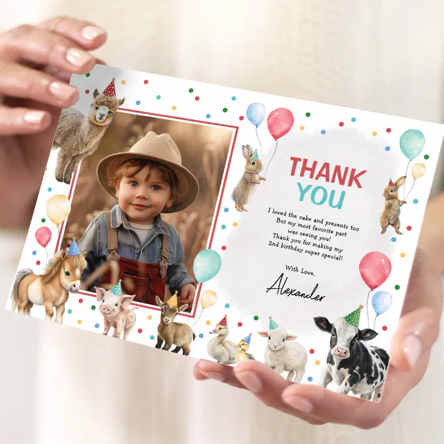 Farm Animals Balloon Confetti Boy Birthday Party Thank You Card | Zazzle