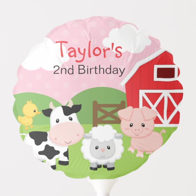 Farm Animals Balloon (Pink for Girl) Personalized (Front)