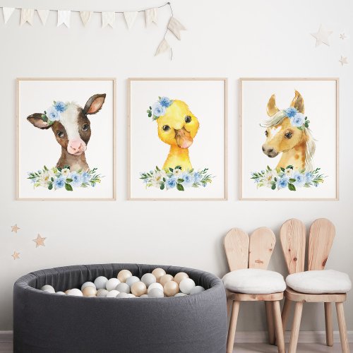 Farm Animals Barn Blue Flowers Boy Nursery Wall Art Sets