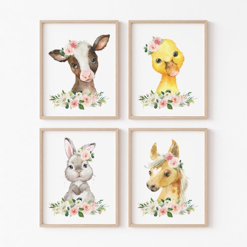 Farm Animals Barn Pink Flowers Girl Nursery Wall Art Sets