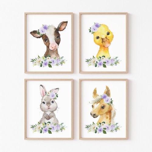 Farm Animals Barn Purple Flowers Gender Neutral Wall Art Sets