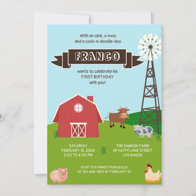 Farm Animals Barnhouse Birthday Invitation (Front)