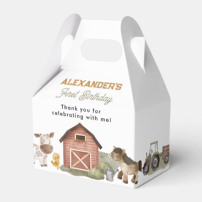 Farm Animals Barnyard 1st Birthday Favor Boxes (Front Side)