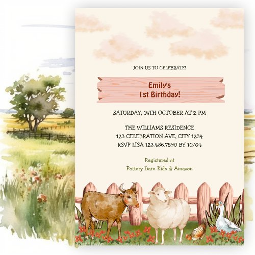 Farm Animals Barnyard 1st Birthday Party Invitation