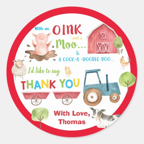 Farm Animals Barnyard 1st Birthday Thank You Favor Classic Round Sticker