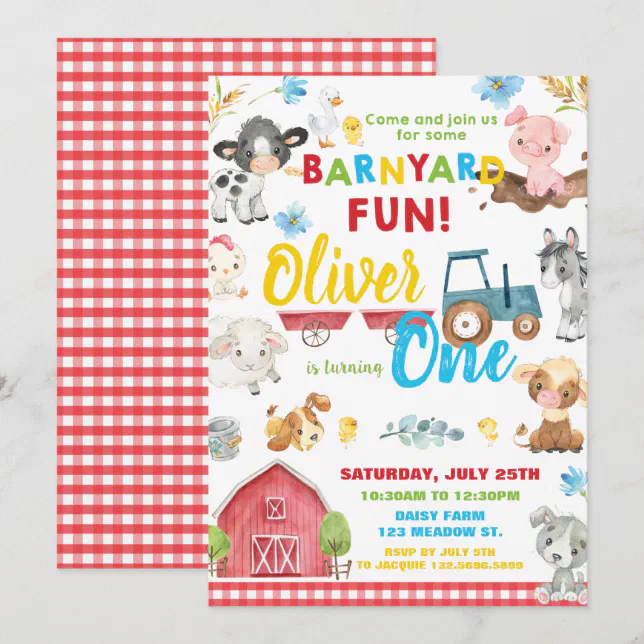 Farm Animals Barnyard 1st Birthday Turning One Inv Invitation | Zazzle