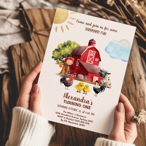 Farm Animals Barnyard 1st Birthday Turning One Invitation