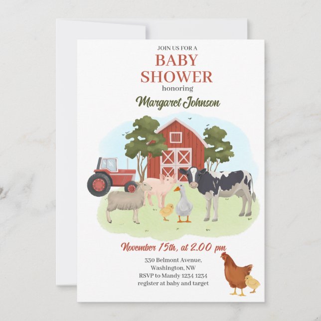 Farm Animals Barnyard Baby Shower Invitation  (Front)
