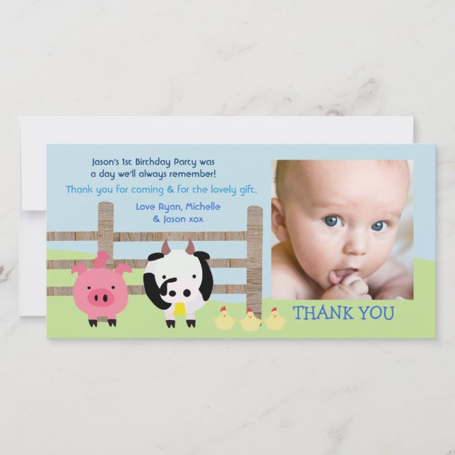 Farm Animals Barnyard Baby Thank You Photo Card (Front)