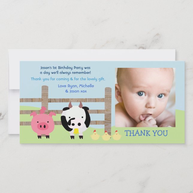 Farm Animals Barnyard Baby Thank You Photo Card (Front)