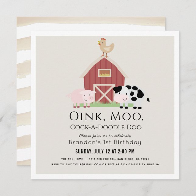 Farm Animals Barnyard Beige 1st Birthday Square Invitation (Front/Back)