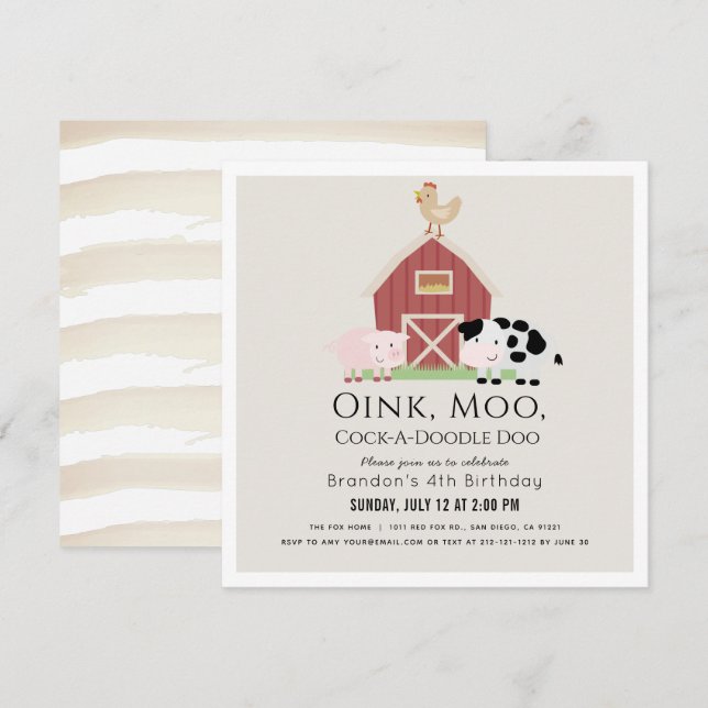 Farm Animals Barnyard Beige Birthday Square Invitation (Front/Back)