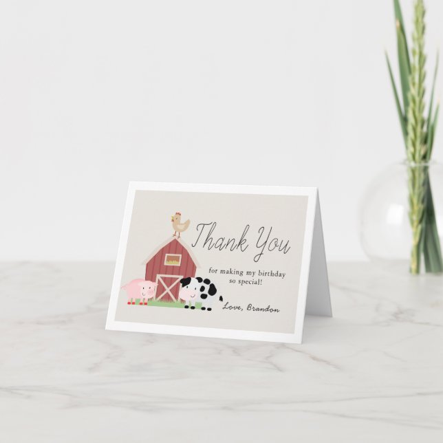 Farm Animals Barnyard Beige Birthday Thank You Card (Front)