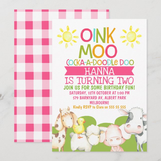 Farm animals barnyard birthday invitations (Front/Back)