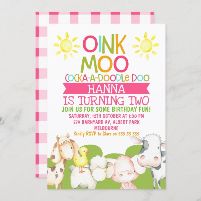 Farm animals barnyard birthday invitations (Front/Back)