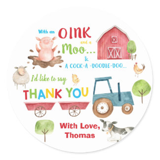Farm Animals Barnyard Birthday Thank You Favor Classic Round Sticker