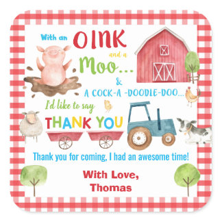 Farm Animals Barnyard Birthday Thank You Favor Square Sticker