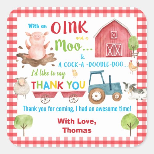 Farm Animals Barnyard Birthday Thank You Favor Square Sticker